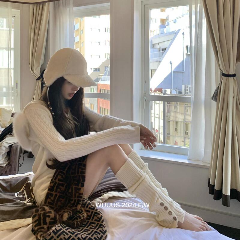 Wuuus [Trainee Cupid] Detachable Full Real Fox Fur Hooded Twist Sweater Women's Knitted Top