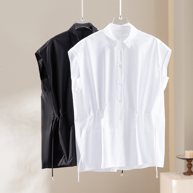 High-Density Pure Cotton Shirt for Women, Sleeveless, Long-Staple Cotton, with a Belt, Slimming, Loose Fit, Elegant Casual Shirt, New for Summer High-Density Pure Cotton Shirt for Women, Sleeveless, Long-Staple Cotton, with a Belt, Slimming, Loose Fit, Elegant Casual Shirt, New for Summer