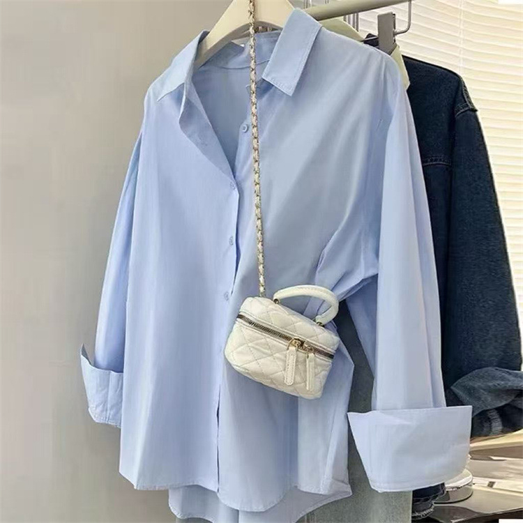Women's Blue Shirt Elegant New Design Casual Loose Fit Long Sleeved Shirts For Layering Outerwear_ecoleips.com
