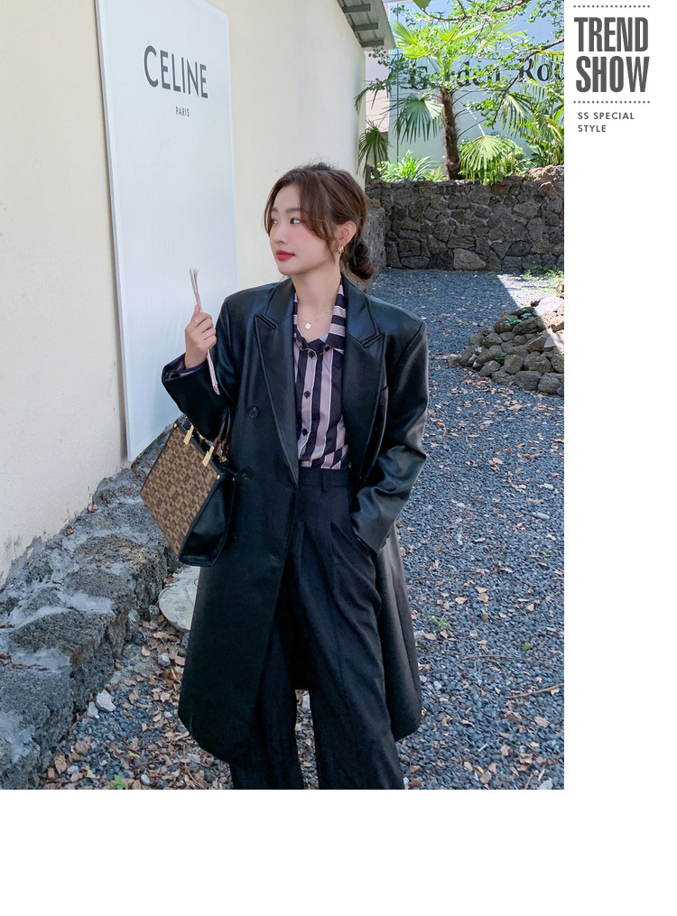 Women's Black Pu Leather Blazer Slim Fit Elegant Spring Coat_voghion.com