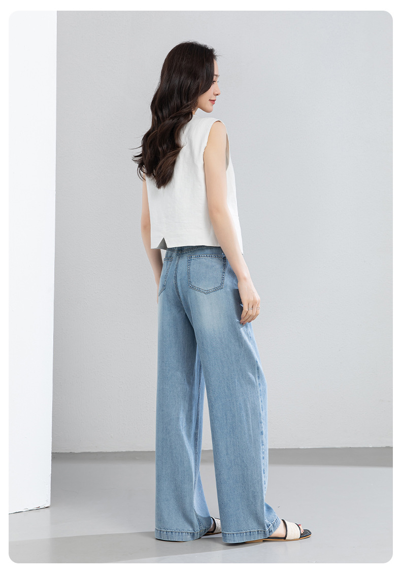 Quần jean nữ ống rộng cạp cao dáng suông vải Tencel mềm mại dài 103 cm — Màu xanh - Chiều dài quần thông thường khoảng 103cm chi tiết 25
