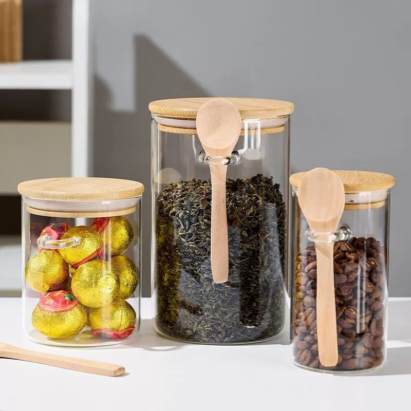 茶葉缶ガラス密封缶携帯花茶缶防湿コーヒー缶スプーン付きドライフルーツ五穀雑穀缶蓋付き|undefined