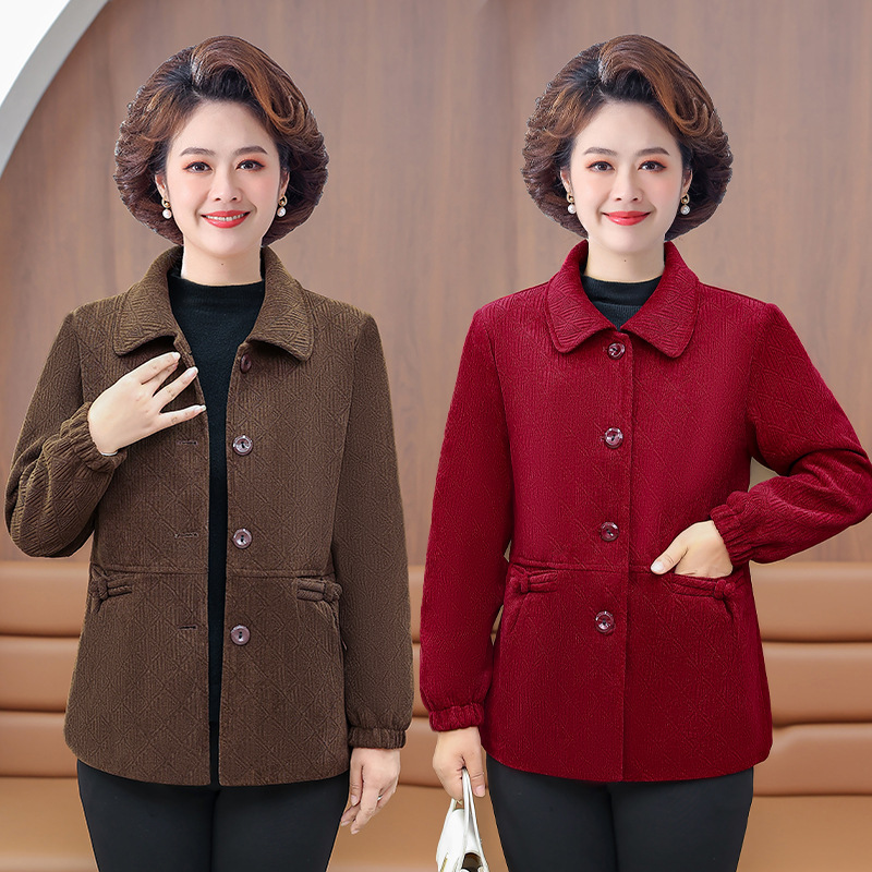 奶奶春秋装灯芯绒外套60岁70妈妈翻领上衣2025新款宽松大码衣服女|undefined