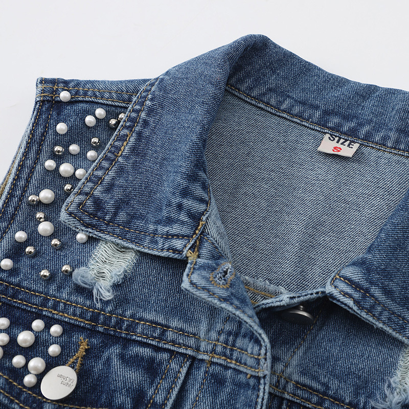 Versão coreana de primavera do versátil colete jeans com contas para mulheres, colete solto de personalidade fashion, roupa externa_voghion.com