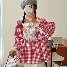 2025秋季新款女花边领森系女装套头内搭ins外贸格子小清新长袖