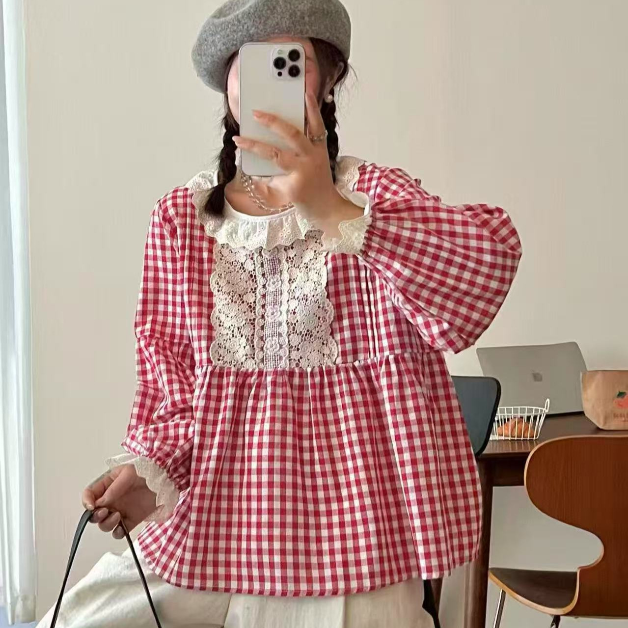 2025秋季新款女花边领森系女装套头内搭ins外贸格子小清新长袖