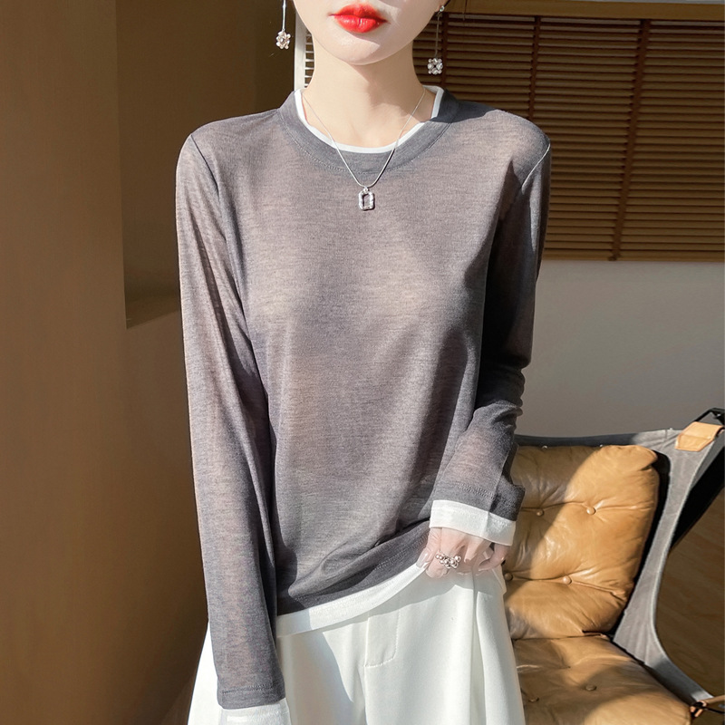 Spring summer knitted sweater with a round collar