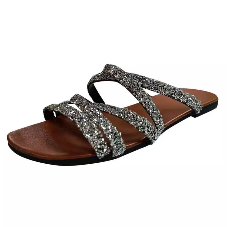 Summer Women's European American Style, Open-toed, Round-toed, Flat-soled, Rhinestone Sandals, Large Size, Breathable_vogvips.com
