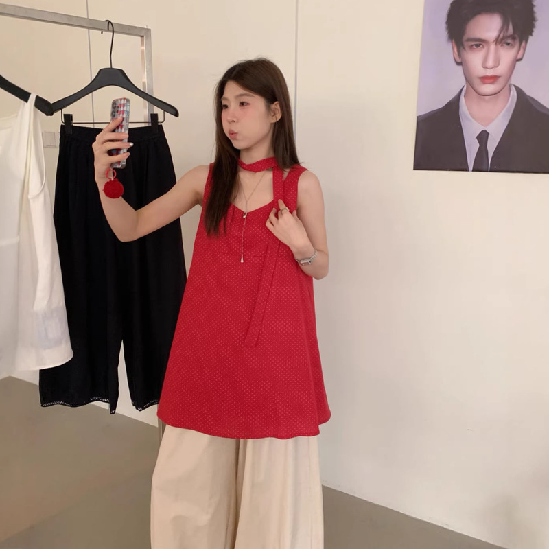 Ulour/U Polka Dot Loose Vest Dress for Women, Summer Short Dress for Petite Figures (with Ribbon)
