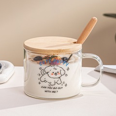 Fresh cartoon ins glass milk breakfast cup with lid spoon straw cup large capacity dormitory home female gift