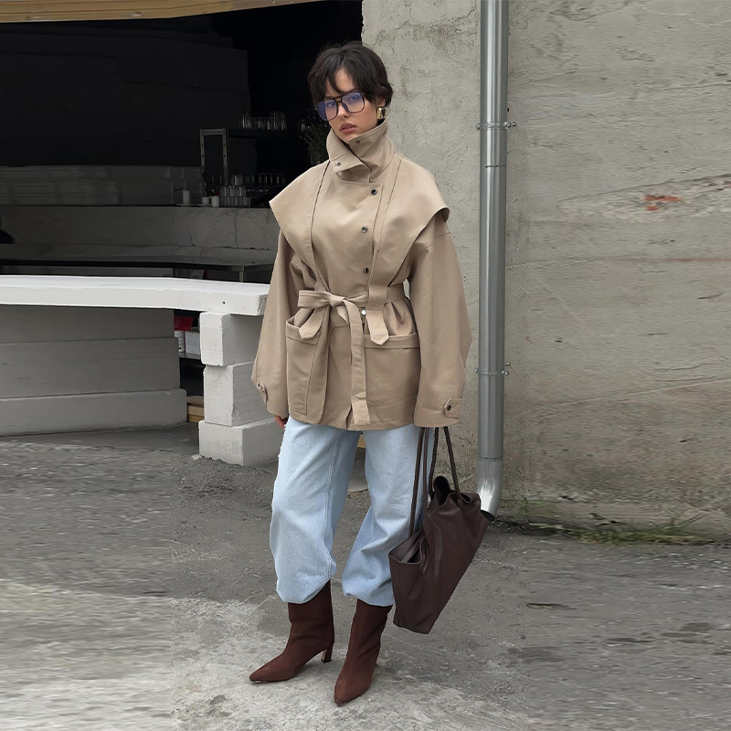 2026 Spring Women's New Fashion European and American Cross-Border Design Short Buttoned Trench Coat, Stylish and Slimming