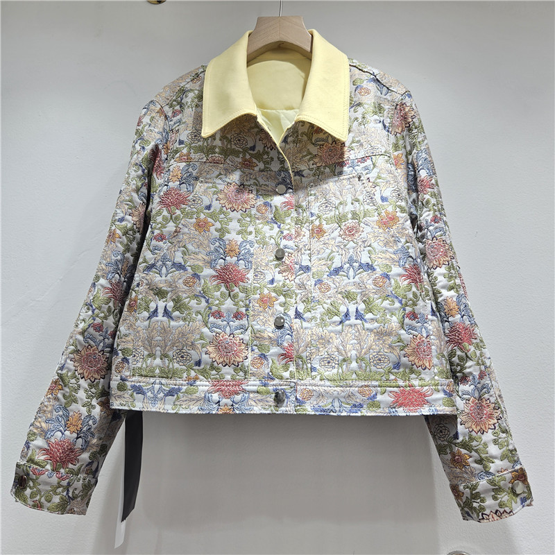 Chaqueta Corta Jacquard para Mujer Holgada de Manga Larga con Solapa de Poliéster