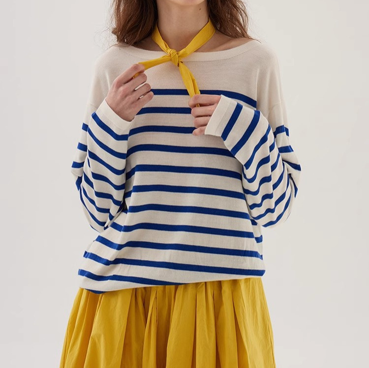 Navy Style Boat Neck Tencel Wool Long-Sleeved Sweater for Women Autumn Versatile Blue Striped Top Navy Style Boat Neck Tencel Wool Long-Sleeved Sweater for Women Autumn Versatile Blue Striped Top