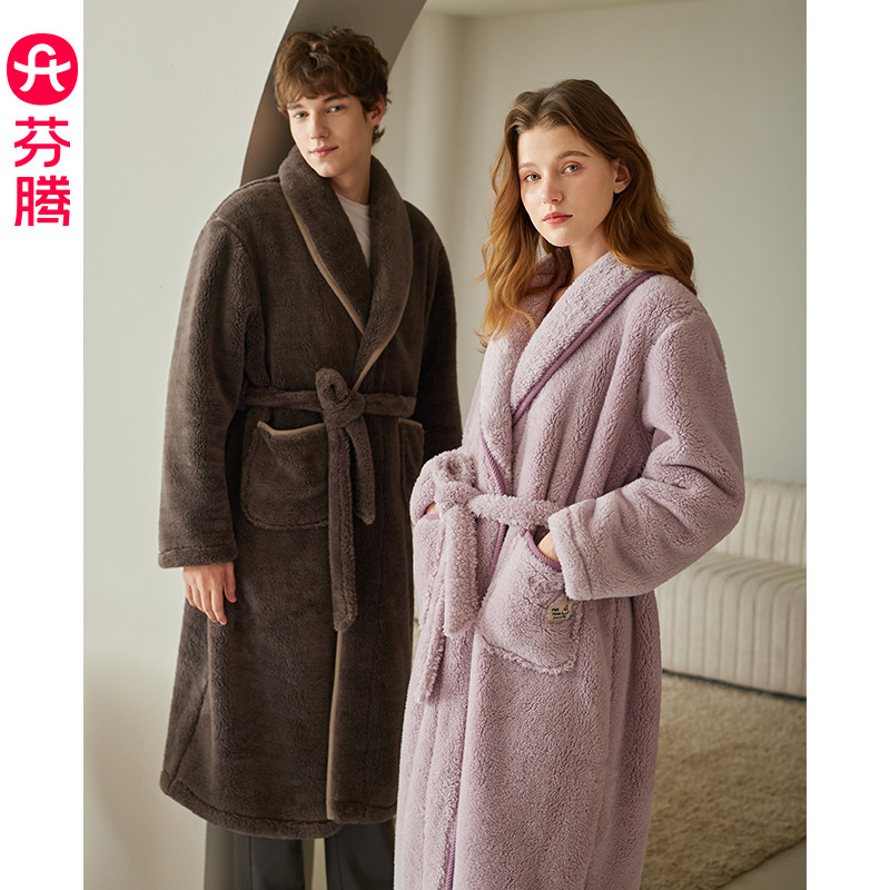 芬腾【抗静电蓬蓬绒】情侣睡袍秋冬季节睡衣时尚休闲中长款家居服