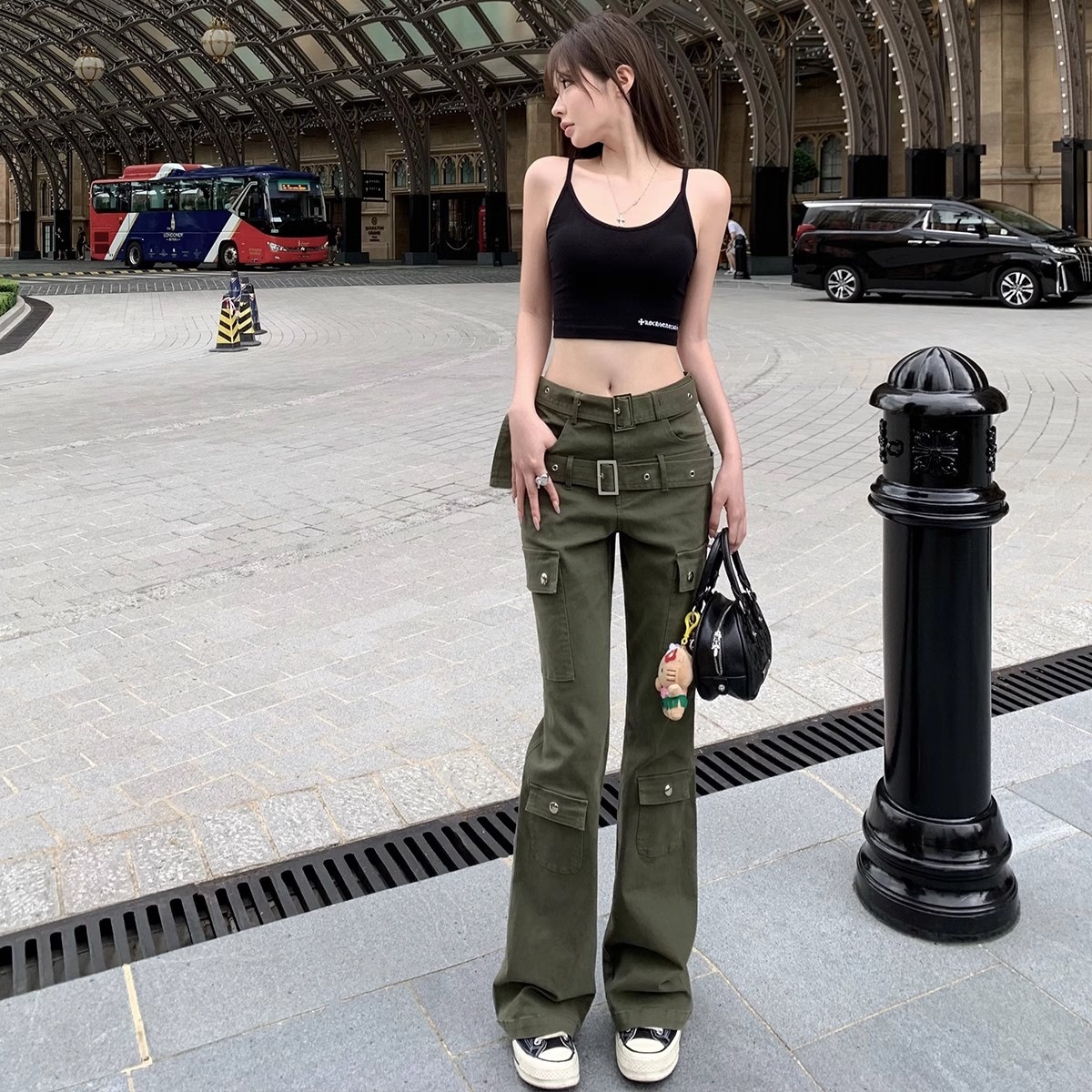 American style 2024 green high waist slimming straight workwear jeans for women Summer new fashion trendy personality