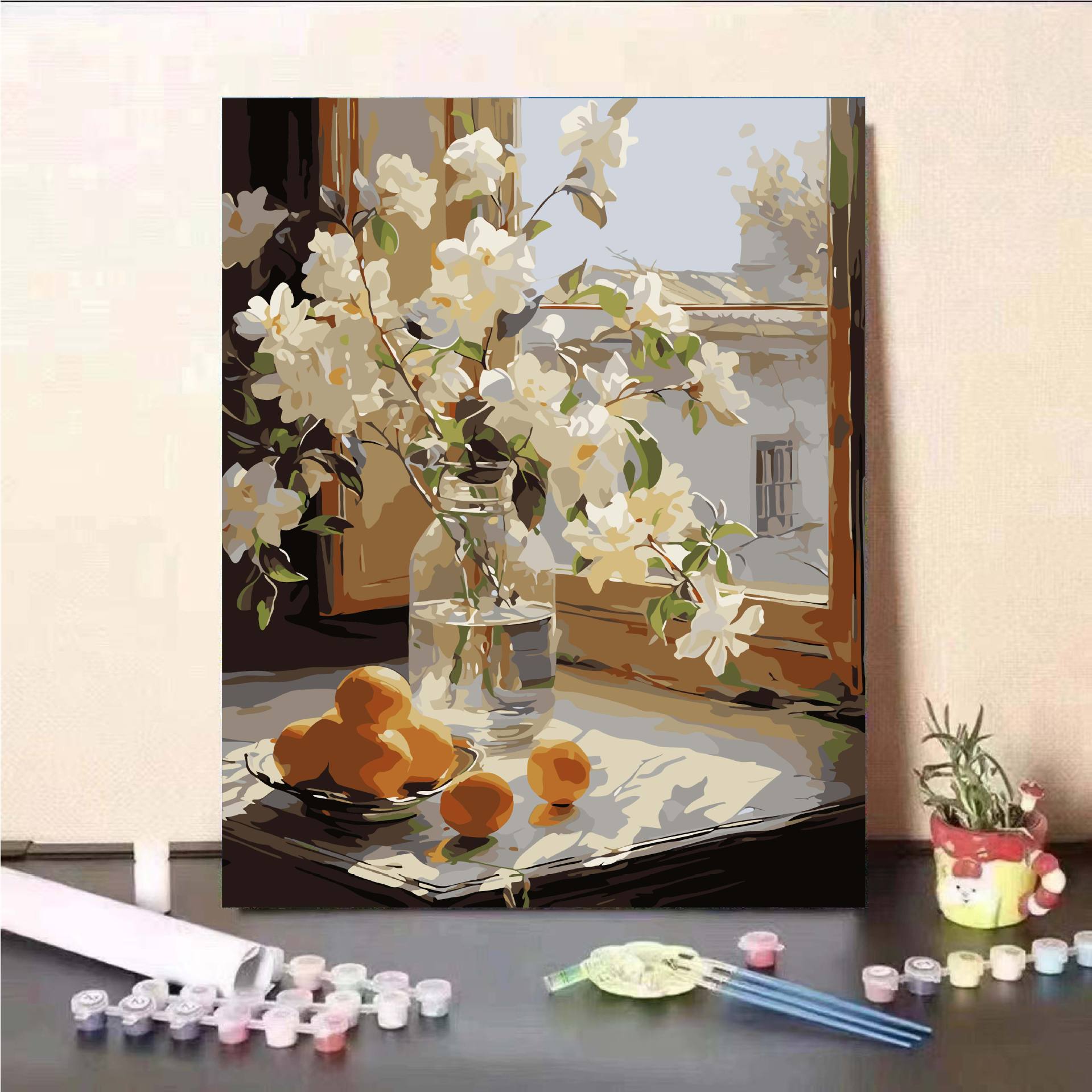 Pintura al óleo digital DIY pintura al óleo relleno floral ventana flores regalos de cumpleaños hechos a mano DIY pintura al óleo relleno moderno minimalista