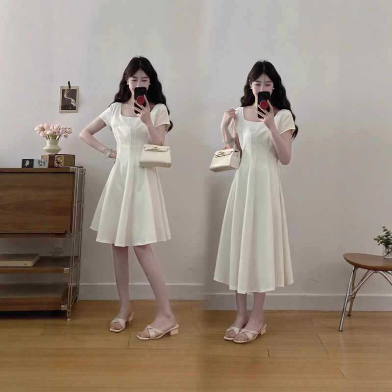 2025 Plus Size Women's Elegant French Square Neck Dress Formal Occasion Tea Break Hepburn Style Waist Slimming Look Skirt