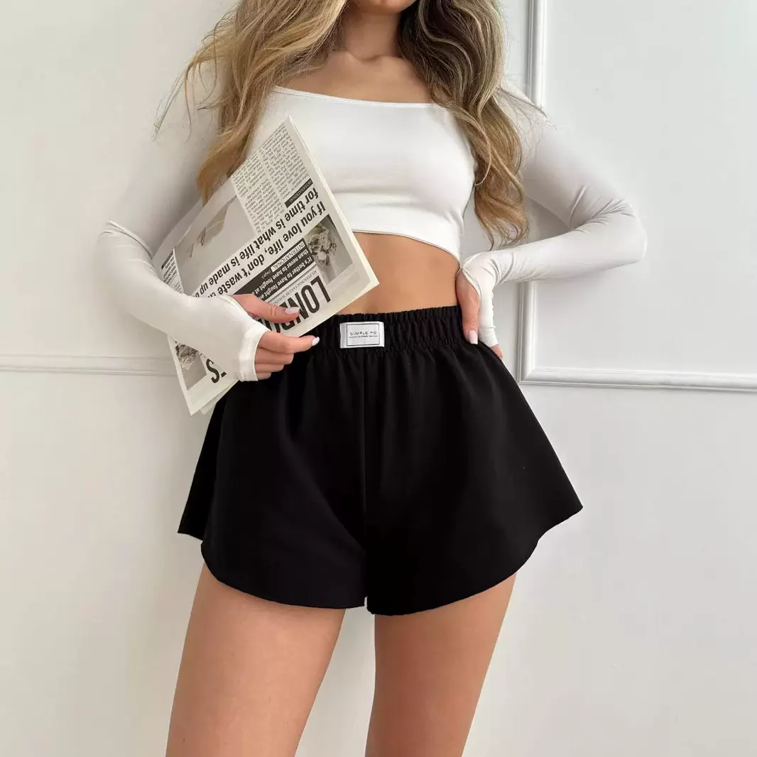 шорты2025跨境欧美夏季新款女装慢跑休闲运动风纯色高腰短裤