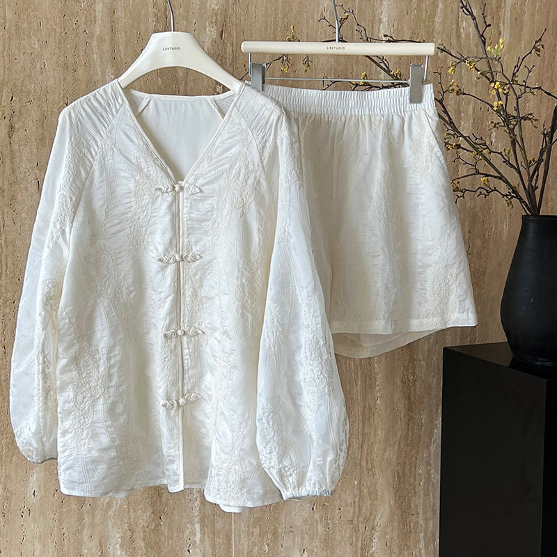 Tencel Sun Proof Two Piece Suit Crocheted Chinese Knot Button Embroidery Shirt Top Shorts Suit 6 Tencel Sun Proof Two Piece Suit Crocheted Chinese Knot Button Embroidery Shirt Top Shorts Suit