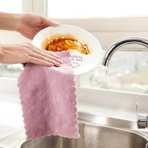 Coral velvet kitchen sponge absorbent oil-proof dishwashing cloth hand towel table wiping cloth household non-falling hair cleaning cloth