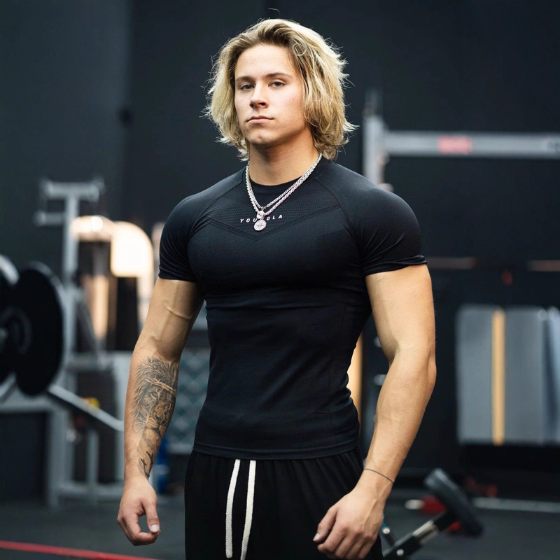 Youngla Men's T-Shirt Sports Fitness Quick-Drying Breathable Stretch Fitness Clothes Jogger Outdoor Running Basketball Clothes