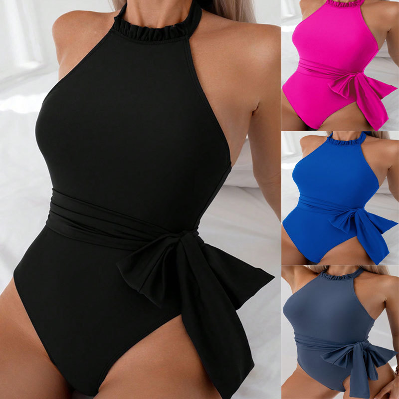 2026 New Pure Color Bow One-Piece Swimsuit European and American Export Sexy Tight Swimsuit Quick-Drying Swimsuit Suit