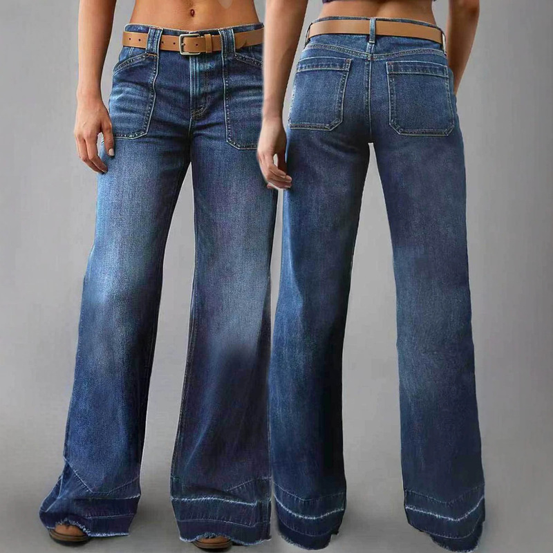 Cross-Border Exclusive Supply of Women's Washed Blue Frayed Hem Flared Patchwork Jeans, Low-Waist Wide-Leg Pants, Factory Export in Stock Cross-Border Exclusive Supply of Women's Washed Blue Frayed Hem Flared Patchwork Jeans, Low-Waist Wide-Leg Pants, Factory Export in Stock