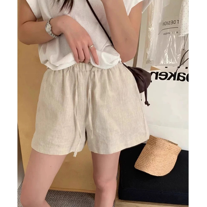 Korean Style A-Line Short Casual Pants for Women 2025 New Daily Straight Versatile Elastic Waist Drawstring Linen Shorts Summer