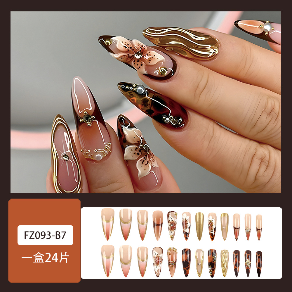 24 piezas de uñas postizas iridiscentes con relieve, arte floral 3D chapado en oro con pedrería, piezas de uñas de alta gama para comercio exterior, uñas postizas. image 3