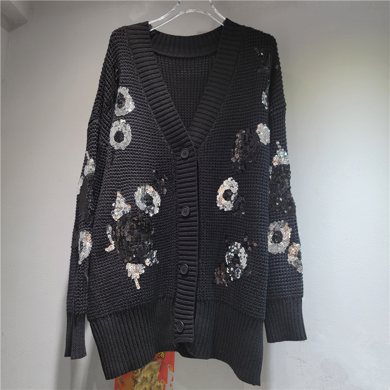 Diseño único de lentejas, cuerpo hermoso y pesado, diseño de flores, chaqueta de punto, cardigan para mujeres.