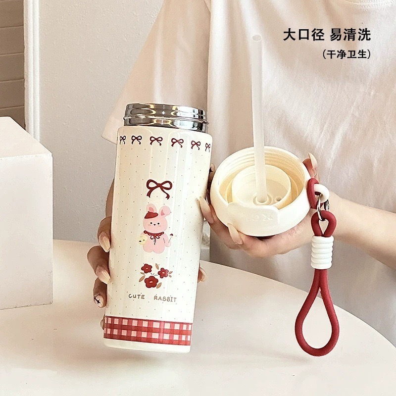 家用316不锈钢浮球保温杯女生高颜值提绳学生上学水杯卡通吸管杯|undefined