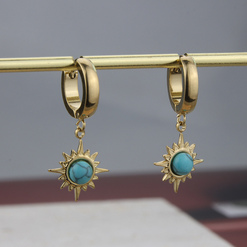 Retro Natural Stone Titanium Steel Color Eight Awn Star Necklace Earrings multicolors