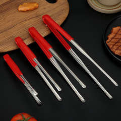 Stainless Steel Barbecue Tongs Kitchen Utensils—Special Tongs for Frying Steak, Korean-Style BBQ Tongs, Red Rubber Food Tongs, Food and Dish Tongs