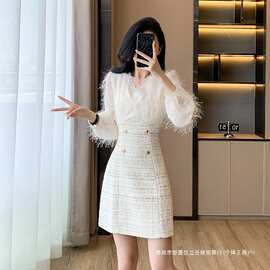 赫小本香风法式晚礼服轻奢名媛气质粗花呢流苏长袖V领连衣裙