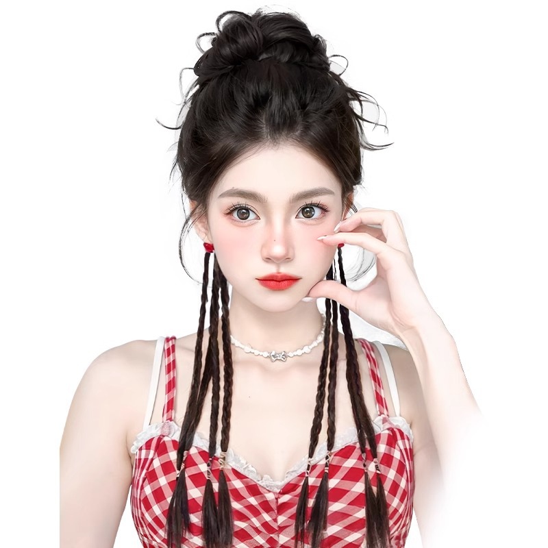 Paluca de cabeza pelucón pelucón anillo de cabello esponjoso brotes de flores naturales cabeza de barba de dragón cabeza de bola media atada trenza de boxeo