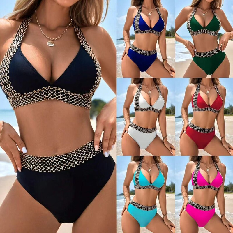 2025 European and American Foreign Trade Cross-border New Solid Color Tight Backless Gathering Holiday Sexy Split Swimsuit Women's Bikini