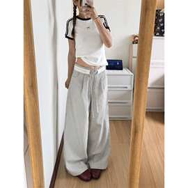 韩系慵懒风条纹裤女春秋小众拼接花边高腰阔腿裤显瘦宽松休闲长裤