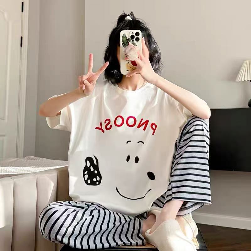 2025 pijamas de mangas cortas de mujer pantalones largos de verano delgados dibujos animados casuales lindos ropa de casa de viento rojo se puede usar fuera