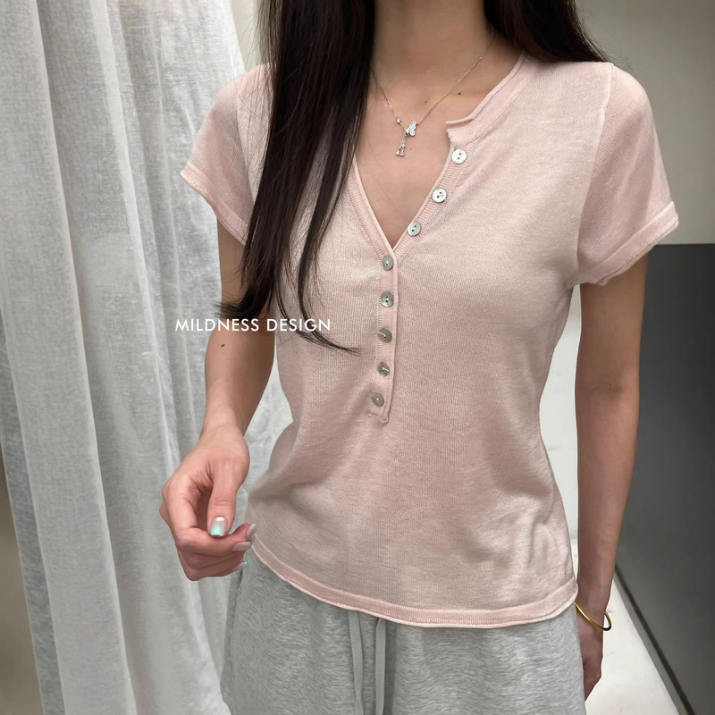 【Mildness Dessigen】302 # 26Th Summer New Style Shell Button V-Neck Slim Fit Women's Knitwear 【Mildness Dessigen】302 # 26Th Summer New Style Shell Button V-Neck Slim Fit Women's Knitwear