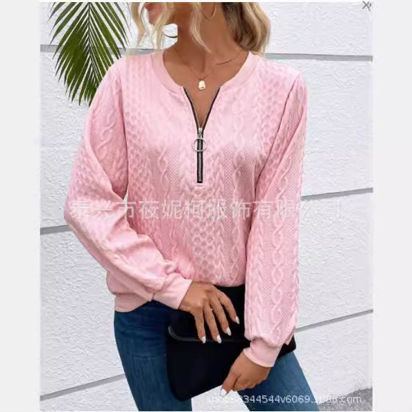 2024 Трансграничные европейские и американские женские спортивные пуловоды на молнии свиток белый розовый свободный V-образный воротник длинный рукав