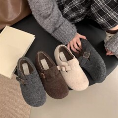 真皮厚底勃肯鞋女秋冬新款外穿加绒毛毛棉鞋一脚蹬懒人包头半拖鞋