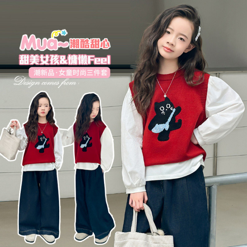 Super cute girls' clothing sets for ages 6-12, autumn 2026 new style, Korean style, high-end knitwear.