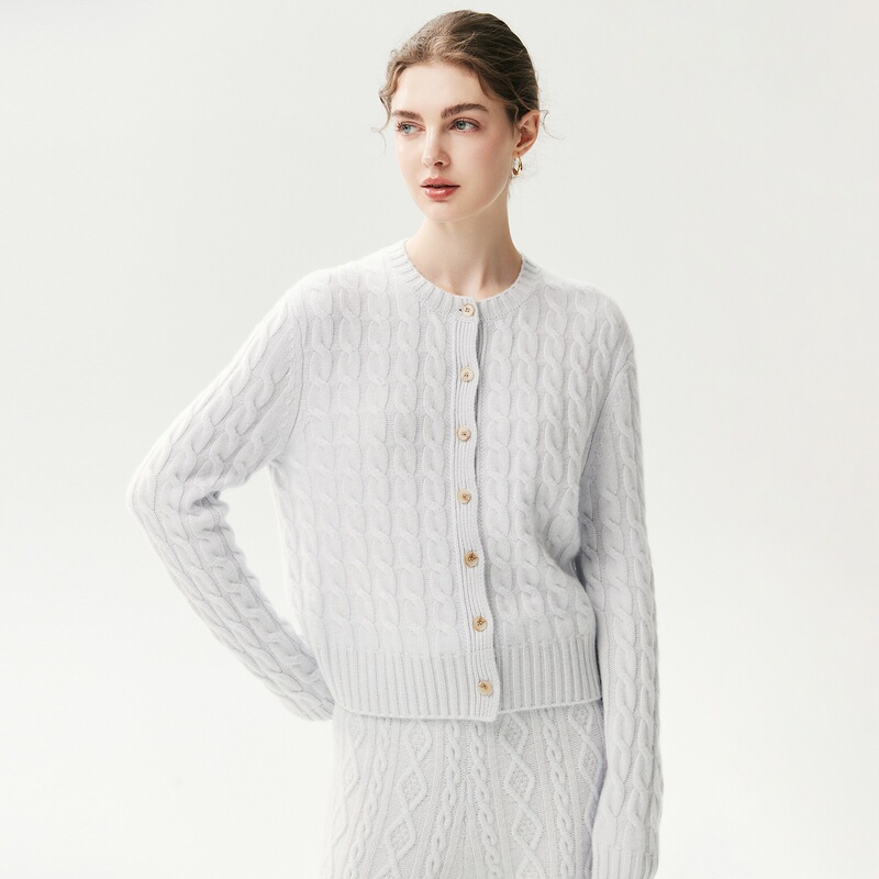 COS-style, four-ply thickened cashmere knit cardigan, new women’s style, thickened round-neck cable-knit sweater, warm outerwear
