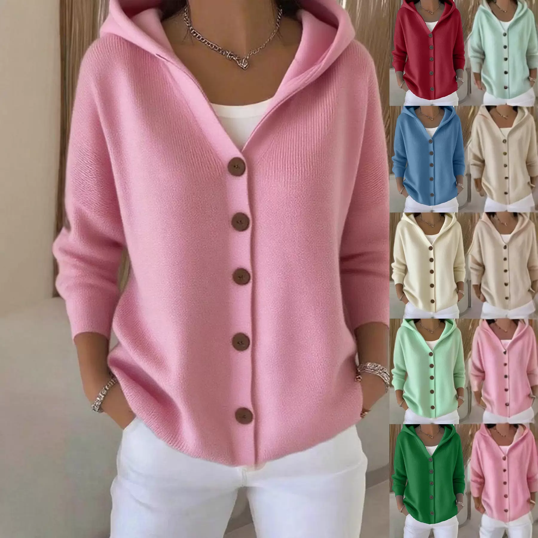 2025跨境外贸欧美风秋冬季新款连帽针织开衫女纯色休闲时尚毛衣外