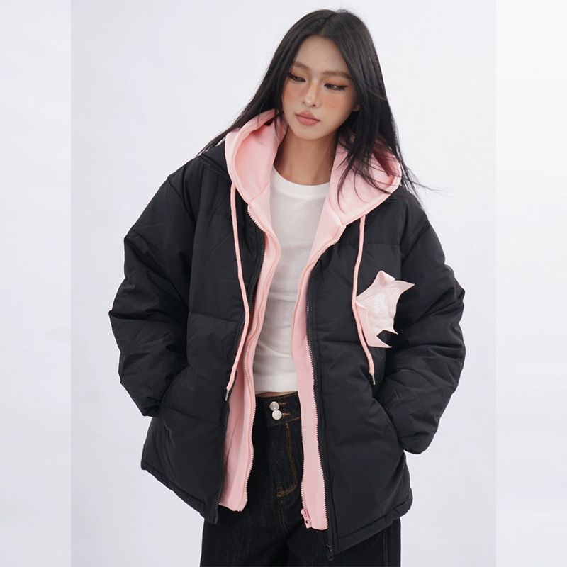 Falso de dos piezas de estilo americano retro estrellas pegado chaqueta de algodón con capuzas de invierno suelta nicho sentido de diseño image 3