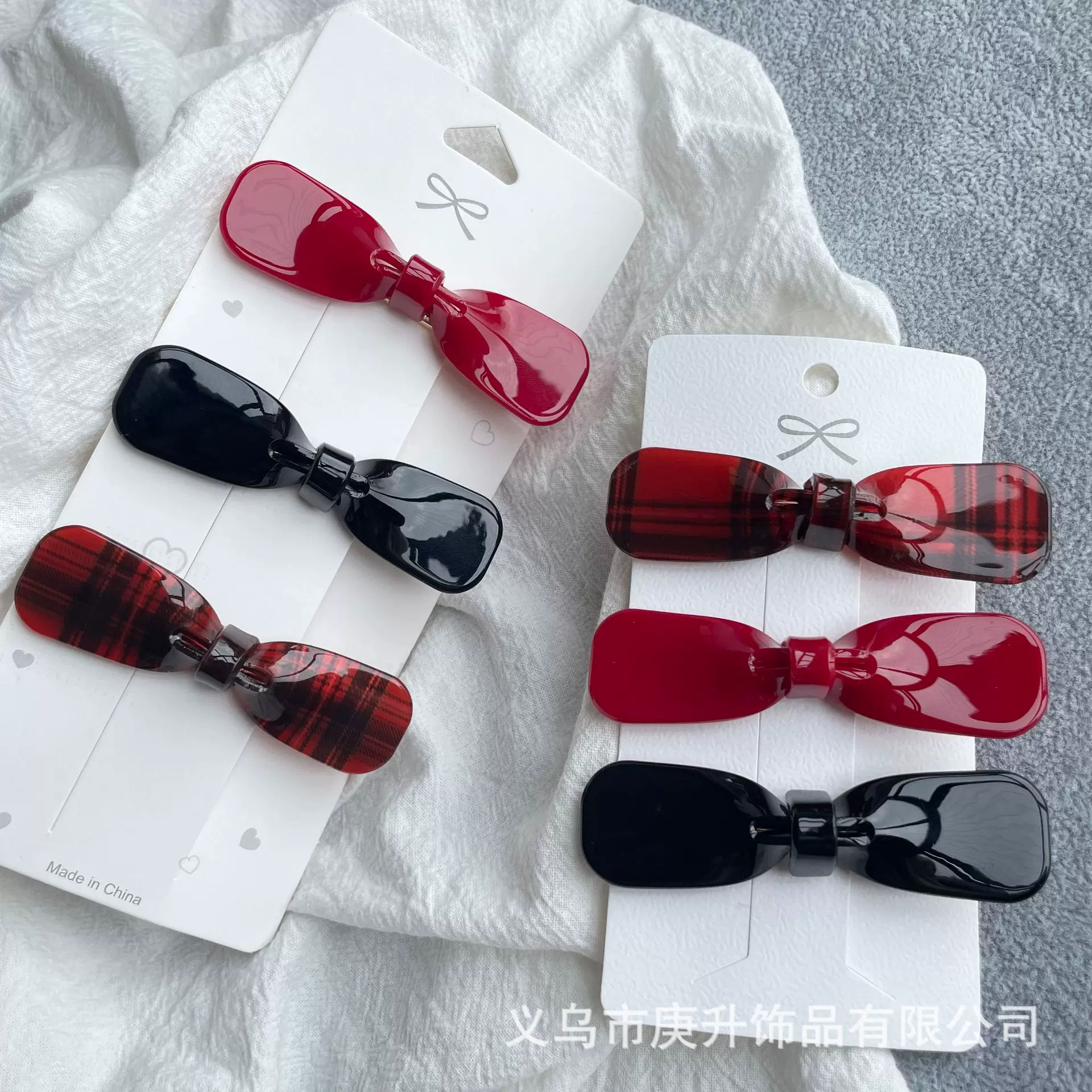 红黑彩虹格纹发夹高级感醋酸蝴蝶结侧边夹简约气质碎发卡鸭嘴夹韩