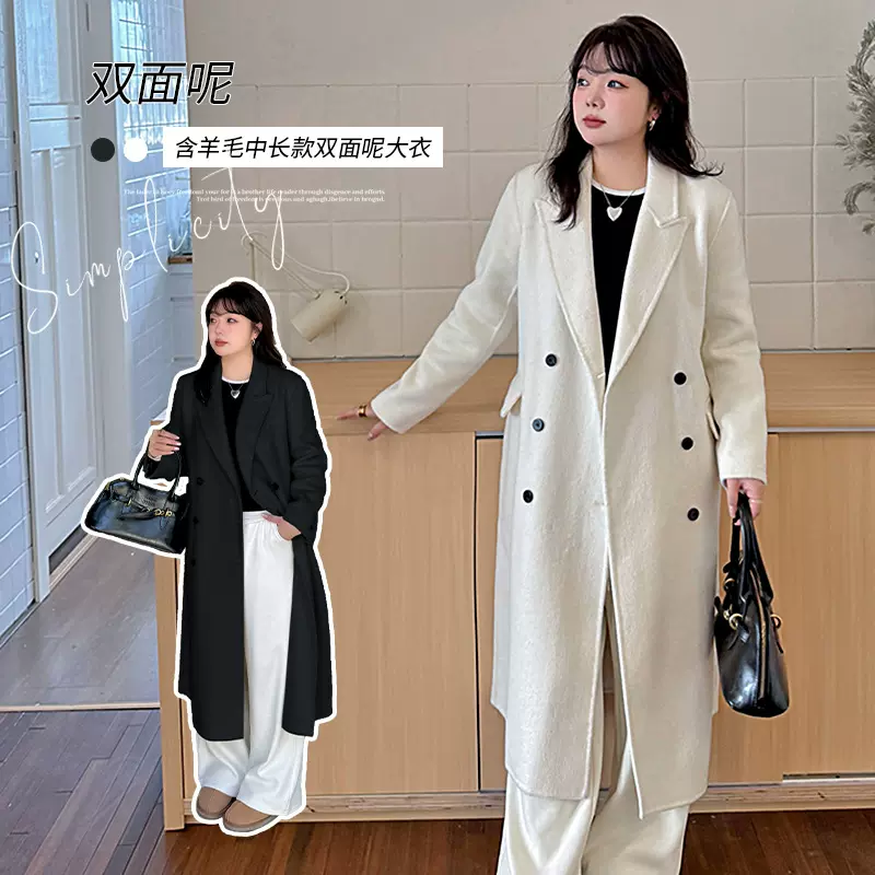 伊诺大码女装含羊毛保暖双面呢外套冬季新款中长款大衣432026