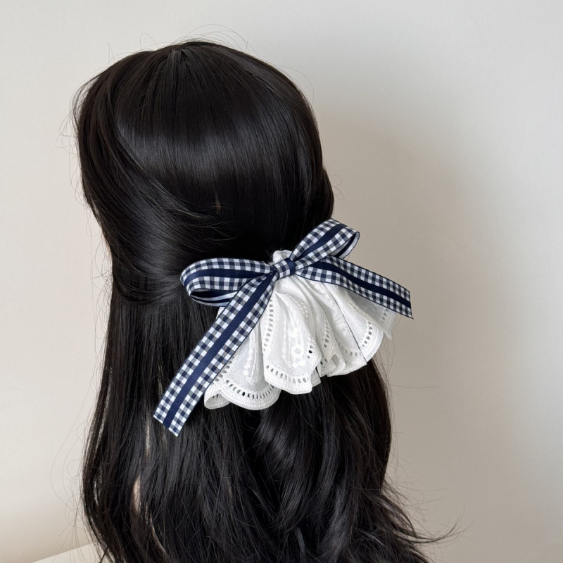 ネイビーチェック柄リボン白レーススカートヘアピンファッショナブルなデザインスプリングクリップヘアアクセサリートップクリップ新しいスタイル|undefined