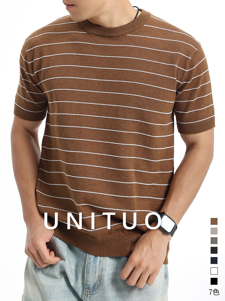 T-shirt de manga corta de punto a rayas de hombre verano de cuello redondo blusa de color contrastante de negocios casual versátil blusa de punto hombre