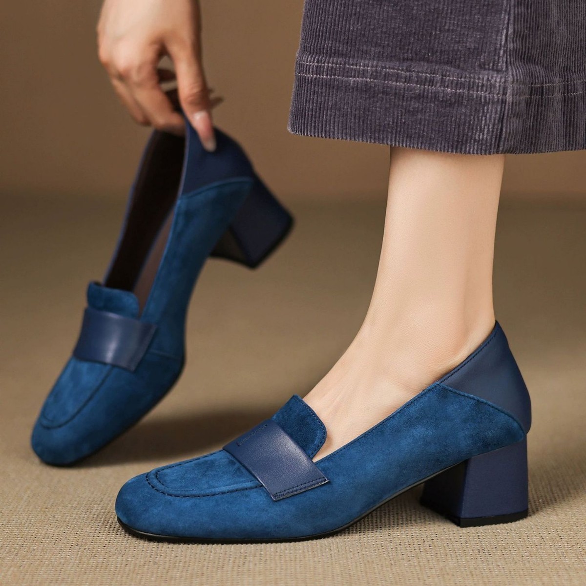 Juhao usar [reproducción de oveja] 5cm esmerilado suave piel de oveja cabeza cuadrada zapatos Lefour de tacones gruesos de un pie de tacones altos